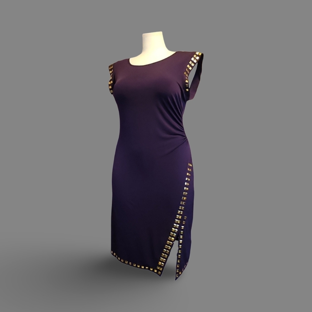 Shelby & Palmer Studded Purple&Gold Scoop Neck Sheath Dress XL Sleeveless Knit ❥ - Picture 3 of 9